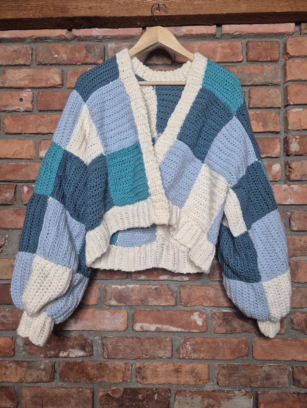 Handmade Crochet Patchwork Cardigan Oversized Balloon Sleeve Cottagecore Sweater